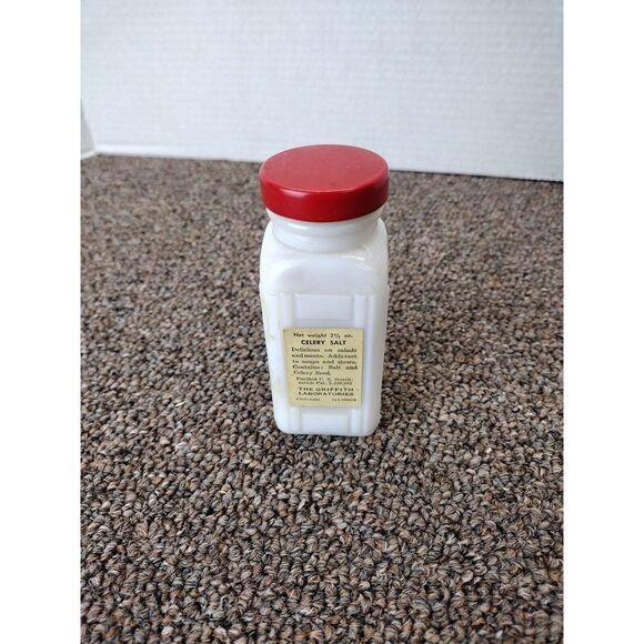 Vintage GRIFFITH's CELERY Salt MILK GLASS SPICE SHAKER JAR RED LID YELLOW GOLD - Picture 3 of 8